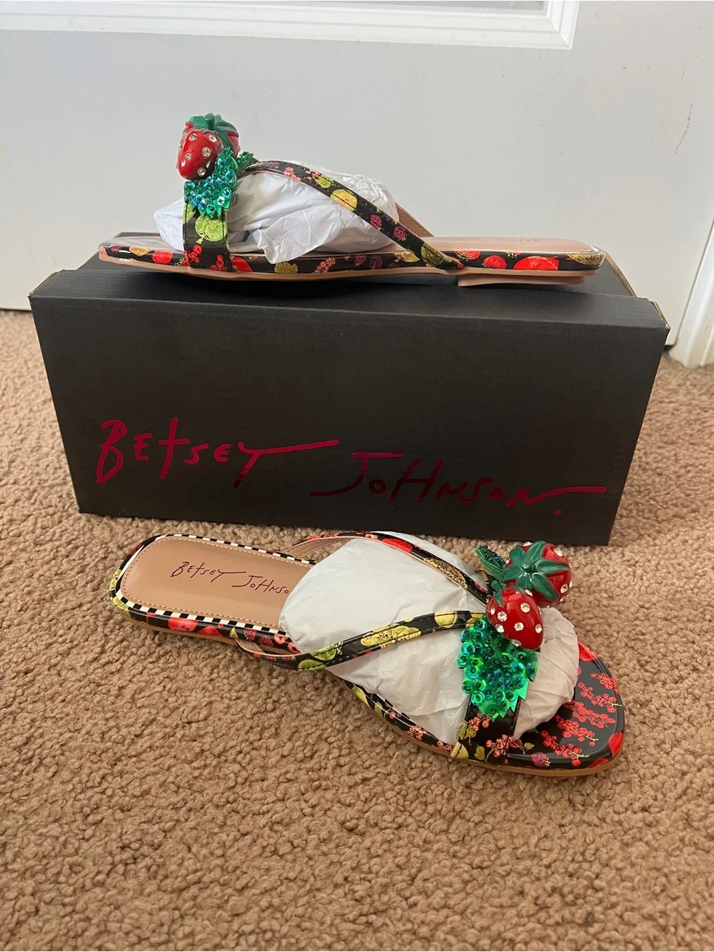 Betsey Johnson Garrik Black Strawberry Embellished Sandals